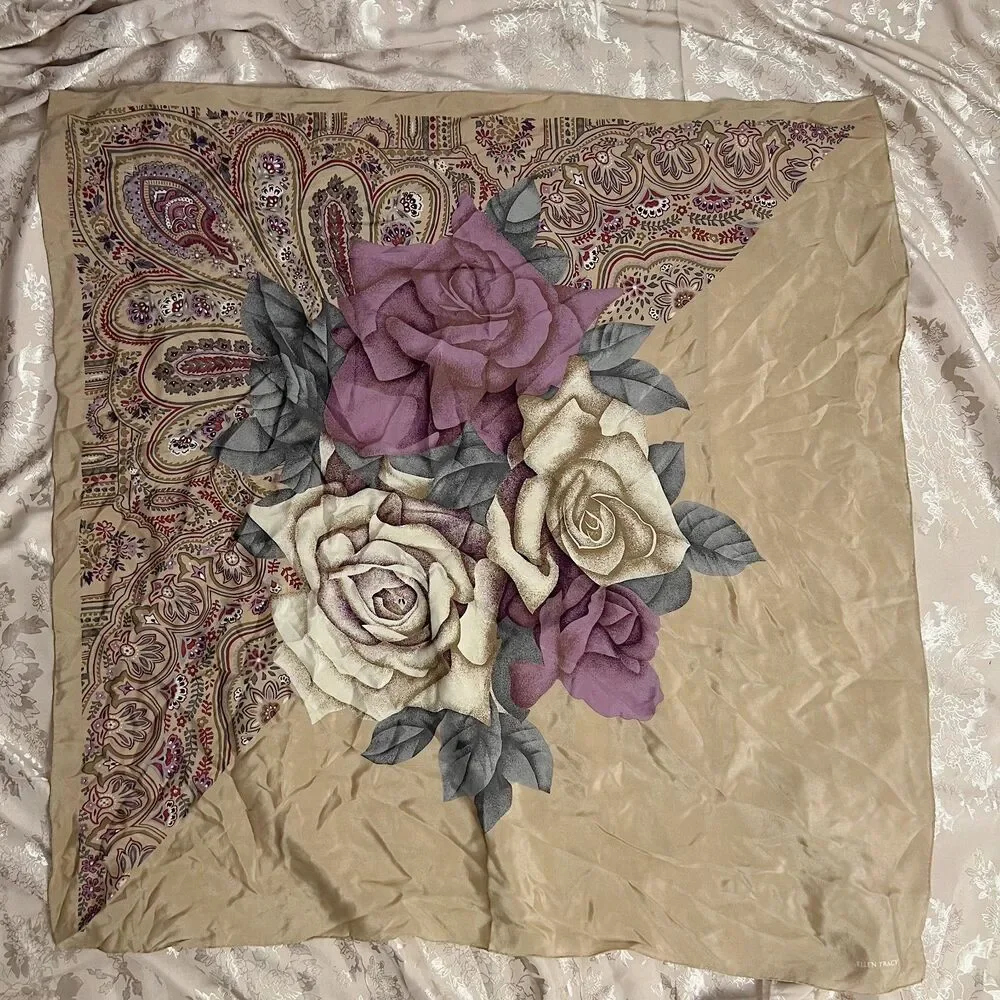 Ellen Tracy Gold Purple Roses Scarf Paisley 34
